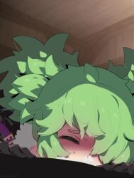 1boy 1girls animated big_breasts big_penis blowjob cum cum_in_mouth green_eyes green_hair mizumizuni oral oral_penetration oral_sex saliva saliva_on_penis swallowing swallowing_cum tagme tongue tongue_out video