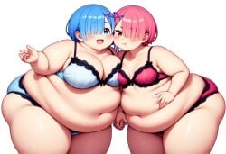 2girls ai_generated fat_ass hand_holding huge_belly huge_breasts lingerie obese_female ram_(re:zero) re:zero_kara_hajimeru_isekai_seikatsu rem_(re:zero) weight_gain