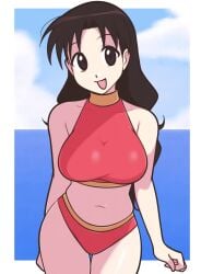 1girls :p artist_request azumanga_daiou beach big_boobs brown_hair clouds female female_focus female_only jeffmiga outdoors outside sky solo staring_at_viewer summer swimsuit tagme yukari_tanizaki