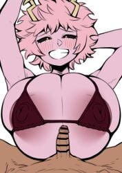 absurdres ashido_mina ass bikini bikini_top_only black_sclera blush boku_no_hero_academia colored_sclera colored_skin female highres horns huge_ass looking_at_viewer nikuatsu_magician_shinbo nipples penis pink_hair pink_skin smile swimsuit teeth