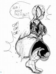 1girl ass ass_focus big_ass big_breasts bottomless breasts clapping_ass clapping_cheeks dialogue female female_focus female_only freckles freckles_on_ass juno_drawscock marvel marvel_comics mask mayday_parker mayday_parker_(junoverse) no_panties oc pants sketch solo solo_female solo_focus spider-girl spider-man_(series) superheroine thick thick_ass thick_thighs twerking