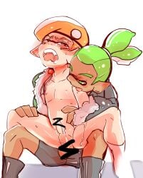 2boys acid_red ahe_gao anal army_(splatoon) censored_penis gay inkling_boy licking nintendo on_lap on_top partially_clothed penis rider_(splatoon) splatoon splatoon_(manga)