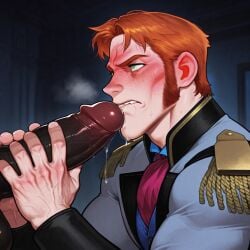 ai_generated angry bara biceps big_black_cock big_penis biting_lip blush clothing disney frozen_(film) frustrated gaymanda ginger ginger_hair grabbing_penis huge_cock large_penis male male_only muscular penis_on_face precum precum_drip prince_hans sideburns veiny_penis