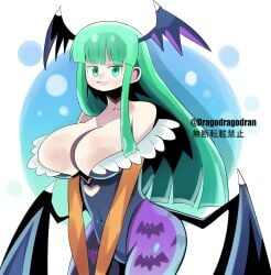 aqua_eyes aqua_hair big_breasts breasts capcom cleavage darkstalkers dorago_dorago dragodragodran female huge_breasts large_breasts long_hair looking_at_viewer milf morrigan_aensland open_mouth skimpy_clothes smile solo succubus tagme wings