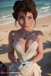 1girls ai_generated artist_name bare_shoulders beach blue_eyes breasts brown_hair cleavage collarbone day disney dress freckles gloves hair_between_eyes hi_res jane_porter jewelry lips looking_at_viewer medium_breasts necklace ocean outdoors parted_lips patreon_username progenarts sand short_hair solo strapless strapless_dress tarzan_(1999_film) walt_disney water web_address white_dress white_gloves