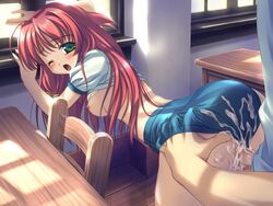 angel_wish censored chitose_mizuki cum game_cg green_eyes long_hair open_clothes open_shirt red_hair sex shirt