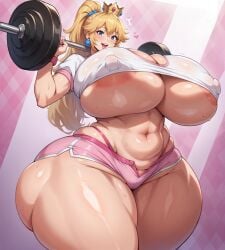 ai_generated blonde_hair cameltoe cleavage_cutout crop_top erect_nipples huge_ass huge_breasts mario_(series) massive_ass massive_breasts nintendo nipple_bulge nipples nipples_visible_through_clothing ponderousorbs princess princess_peach shorts sweaty tagme thick thick_thighs underboob weights wide_hips working_out workout_clothes