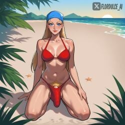 1futa ai_generated ball_hair bandana beach bikini blonde_hair blue_eyes cartoon_network erect_penis erection erection_under_clothes erection_under_clothing flordulce futa_only futanari hairy_balls hairy_testicles lindsay_(tdi) long_hair on_knees outdoors penis pubic_hair pubic_hair_peek seductive seductive_look seductive_smile solo_futa testicles total_drama_island