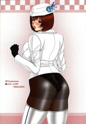 angelravishment anna_williams ass back_to_viewer big_breasts blue_eyes breasts brown_hair clothed female female_only gloves hair hat headgear human looking_back open_mouth panties solo tekken thighhighs