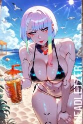 ai_generated beach cyberpunk:_edgerunners cyberpunk_2077 headletzer looking_at_viewer lucyna_kushinada offering_drink swimsuit tagme