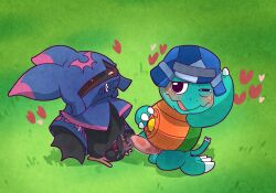 argon_vile armor balls bandai_namco black_body black_fur blush bodily_fluids chiropmon closed_eyes clothing cowl digimon digimon_(species) duo embarrassed erection fur genital_fluids genitals green_body headgear heart_symbol helmet hi_res jacket kamemon looking_pleasured male male/male masturbation penile penis penises_touching pink_nose precum scalie shell topwear wings