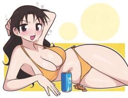 1girl azumanga_daiou big_breasts bikini blush brown_eyes brown_hair can drunk drunk_bubble female female_focus female_only highres jeffmiga large_breasts light-skinned_female light_skin looking_at_viewer lying lying_on_side navel open_mouth solo solo_female solo_focus swimsuit yukari_tanizaki