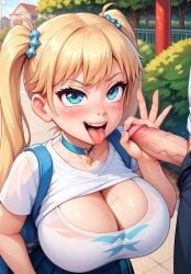 1boy ai_generated big_breasts big_eyes blonde_hair blonde_hair blue_eyes female masturbation penis school_uniform tilcox33 tongue_out twintails