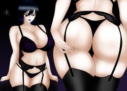 akinama_family_(noir-black-shooter) ass ass_grab big_breasts black_legwear black_lingerie black_lipstick dark_blue_hair huge_breasts lipstick milf naoki_akinama_(noir-black-shooter) noir-black-shooter oc original original_character purple_hair short_hair teacher