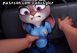 1girls ai_generated animal_ears anthro arms_behind_back blush bondage breasts bunny bunny_ears disney embarrassed furry furry_female grabbing_breasts grey_body grey_fur groping groping_breasts human_on_anthro judy_hopps looking_pleasured patreon police police_uniform policewoman pov pov_eye_contact purple_eyes rabbit rabbit_ears restrained shortstack size_difference slim_waist small_breasts smaller_female sweat sweatdrop sweating vanstyler zootopia