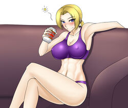 abs beer big_breasts blonde_hair blue_eyes blush breasts can cleavage couch crossed_legs do_konjouuo drunk erect_nipples female female_only human large_breasts legs legs_crossed lingerie long_hair long_legs midriff namco naughty_smile nina_williams panties pointy_chin ponytail sitting smirk solo sports_bra tekken tekken_1 tekken_2 tekken_3 tekken_4 tekken_5_dark_resurrection tekken_tag_tournament thighs thong tied_hair toned underwear underwear_only