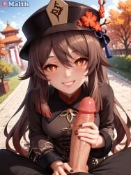 1boy 1girls ai_generated bangs brown_hair chinese_clothes genshin_impact handjob hat highres hu_tao_(genshin_impact) large_penis long_hair looking_at_viewer malth medium_breasts nail_polish orange_eyes outdoors painted_nails pov smile twintails