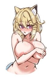 absurdres animal_ear_fluff animal_ears arknights blonde_hair blush breasts breath commentary covering_breasts covering_nipples covering_privates cropped_torso eyes_visible_through_hair female hair_between_eyes hair_ornament hairclip highres lactation large_breasts maiq06 medium_hair motion_lines navel nipples nude open_mouth pink_eyes simple_background solo sweat utage_(arknights) white_background x_hair_ornament