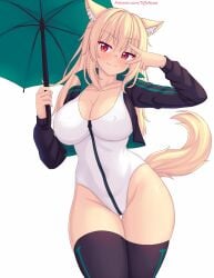 :3 black_jacket black_thighhighs blonde_hair breasts cat_ears catgirl cleavage collarbone covered_erect_nipples female highres holding_umbrella jacket large_breasts leotard long_hair one-piece_swimsuit original race_queen red_eyes sidelocks smile solo swimsuit tail thighhighs tiffy tiffynyaa umbrella white_one-piece_swimsuit