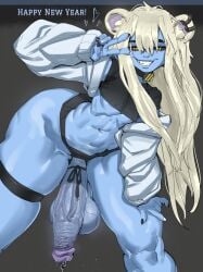 1futa blue_oni_(streachybear) futa_only futanari gigantic_penis huge_cock humanoid nipple_piercing oni see-through skimpy solo solo_futa streachybear thick_thighs wide_hips