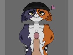 1boy 1girls :3 anthro arms_behind_back armwear beanie breasts ear_ring female fortnite fortnite:_battle_royale furry heart male/female meow_skulls_(fortnite) meowskulls multicolored_fur nipples orange_fur penis purple_fur simple_background white_fur