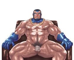 balls bara beard facial_hair flaccid genta_iwayama male male_only matt_(pokemon) muscles muscular nintendo nude penis pokemon sitting solo solo_male sweat sweating