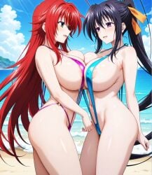 ai_generated akeno_himejima bare_thighs beach black_hair demon_girl gigantic_breasts green_eyes hair_ribbon high_school_dxd huge_breasts huge_thighs light-skinned_female light_skin long_hair looking_at_viewer massive_breasts ponytail purple_eyes red_hair rias_gremory sling_bikini slingshot_swimsuit smiling squatting subaruarm sweat sweatdrop thick_body thick_female thick_thighs thighs voluptuous voluptuous_female