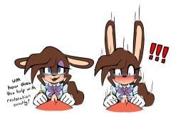 blue_eyes blush brown_fur cum cum_between_breasts cum_on_breasts dialogue ejaculation eyeshadow female furry glasses gloves long_ears long_hair male nervous_smile nervous_sweat office_lady paizuri penis purple_eyeshadow red_fur ribbon sega shocked shumpy sonic_(series) sonic_the_hedgehog_(idw) unbuttoned_shirt unnamed_character
