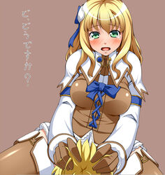 between_legs blonde_hair blush boots breasts check_translation crying crying_with_eyes_open cunnilingus facesitting female gloves green_eyes hair_ornament holding_head incest large_breasts long_hair oral pyrrha_alexandra rainbow_yuan simple_background sitting sitting_on_person soul_calibur soul_calibur_v tear thigh_boots thighhighs translated translation_request zettai_ryouiki