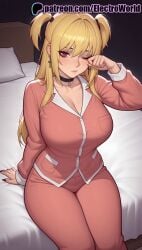 1girls 2025 ai ai_assisted ai_generated anime anime_girl anime_style artist_name bangs bed bed_sheet big_breasts big_breasts big_breasts big_chest black_choker black_nails blonde_hair blush breast breasts breasts breasts bust busty chest choker cleavage collarbone death_note earrings electroworld female hi_res high_quality high_resolution highres jewelry large_breasts long_hair misa_amane mole mole_on_breast mole_under_eye nail_polish on_bed one_eye_closed one_side_up patreon patreon_username piercing pillow plump red_eyes sitting sitting_on_bed solo stable_diffusion two_side_up watermark