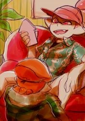 2boys acid_red aloha_(splatoon) army_(splatoon) between_legs blowjob clothed creative_censorship gay implied_deepthroat implied_oral inkling_boy phone sitting splatoon splatoon_(manga)