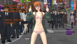 1girls atlus being_watched bra casual clothing exhibitionism female human indecent_exposure mifune_chihaya multiple_males ofugh only_one_naked outerwear pale_skin panties persona persona_5 public sakura_futaba shameless underwear xnalara