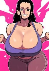 ai_generated black_hair blue_eyes bursting_breasts clothing d-art_style female female_only gigantic_breasts huge_breasts lubbasdump midriff nico_robin one_piece smile smiling sweatpants tank_top tight_clothing wide_hips