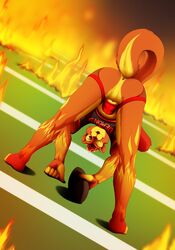 1boy 2012 anthro anus ass ball_(object) balls brown clothed clothing cougar feline fire football fur furry hair hell hindpaw looking_back male male_only orange orange_eyes paws presenting presenting_hindquarters raised_tail red_hair shirt shiuk short_hair smile solo standing wink yellow