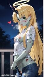 1girls ahoge ai_generated asia_argento blonde_hair blood breasts female green_eyes halo hell-pantsu high_school_dxd horn long_hair pussy small_breasts solo zombie zombie_girl