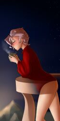 10s absurdres ass bottomless croix_meridies cup female female_focus highres little_witch_academia night night_sky no_panties pudgeruffian short_hair sky solo star_(sky) star_(symbol) sweater white_hair