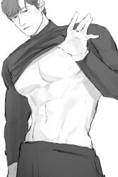 7000j abs black_and_white chest_focus hwang_in-ho male_focus male_only muscular muscular_chest muscular_male nipples no_visible_genitalia pecs shirt_lift shirt_up short_hair solo_focus squid_game turtleneck