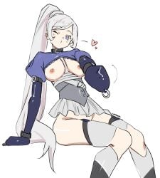 alternate_costume armbinder bdsm_collar bdsm_gear bobdage collared cuffs eudetenis exposed_breasts exposed_pussy ponytail rwby weiss_schnee