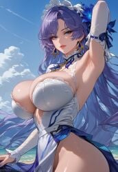 ai_generated alternate_version_at_source arm_up armpit armpit_fetish big_breasts blue blue_eyes breasts cantarella_(wuthering_waves) dress female flower hypet long_hair looking_at_viewer purple_hair shiny shiny_skin sideboob solo standing thick thick_ass thick_thighs thigh_highs thighhighs thighs video_game_character video_games water wuthering_waves