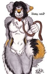 2006 angelwolf_(artist) anthro arm_tuft breasts canid canine canis collar collar_only colored_pencil_(artwork) curled_tail dated domestic_dog ear_piercing english_text facial_piercing featureless_breasts female floppy_ears genitals hair hand_behind_back holding_leash holding_object holding_own_leash leash leg_tuft lip_piercing looking_at_viewer mammal neck_tuft nude nude_anthro nude_female piercing pussy shoulder_tuft signature smile solo standing tail text traditional_media_(artwork) tuft