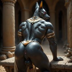 ai_generated anthro anubis anus beckoning bedroom_eyes bent_over biceps black_body black_penis bodily_fluids bottomwear bracelet canid canine canis clothing deity egyptian_clothing egyptian_mythology flashing furniture furry genital_fluids genitals gesture hi_res humanoid_genitalia humanoid_penis jackal jewelry loincloth looking_at_viewer male mammal muscular muscular_anthro narrowed_eyes penis pink_eyes precum rear_view seductive solo teasing vlrgromns