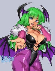 breasts bridal_gauntlets capcom cleavage darkstalkers demon_girl female gloves green_eyes green_hair large_breasts leotard long_hair morrigan_aensland open_mouth pantyhose smile solo tagme tokisige wings