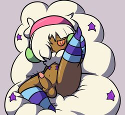 1boy aintsmart balls blush brown_skin cotton erection girly hair hairband horn long_hair male male_only nintendo penis plant pokémon_(species) pokemon pokemon_(species) presenting solo stars stockings stripes whimsicott white_hair