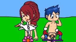 1boy 1girls aberranced_(spongebobartypants) blue_hair censored completely_nude covering_breasts covering_crotch embarrassed embarrassed_nude_female embarrassed_nude_male mitsuru_kirijo naked_female naked_male natural_born_kissers nude_male original_character outdoors outside persona persona_3 ponytail red_eyes red_hair short_hair_female spongebobartypants streaking the_simpsons_reference