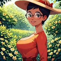 1girls ai_generated big_breasts bow breasts breasts carmen_sandiego_(2019) carmen_sandiego_(franchise) cleavage female female female_focus female_only flowers garden glasses hat julia_argent julia_argent_(carmen_sandiego) large_breasts outdoors outside short_hair solo solo_female solo_focus sunhat zupern0va_(manipper)