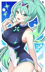 1girls artist_request big_breasts bikini cleavage closed_mouth commission competition_bikini covered_navel daiichi_(1279220) green_eyes green_hair high_res highleg looking_at_viewer nintendo ocean one-piece_bikini pneuma_(xenoblade) ponytail skeb_commission smile swimsuit xenoblade_(series) xenoblade_chronicles_2