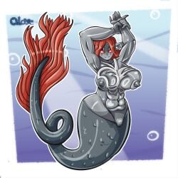 1:1 1girl big_breasts color exposed_pussy female_only gray_body huge_breasts interspecies long_tail mermaid mermaid_tail muscle_mommy muscular_girl nipples oilove original_character red_eyes red_hair voluptuous vulva wide_hips