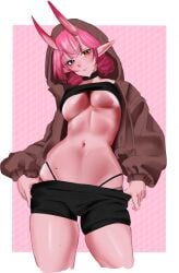 absurdres breasts choker embarrassed exercising female heterochromia highres large_breasts oni pink_background pink_hair pointy_ears sewwuu sewwuu_(character) sweat sweatdrop