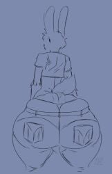 anthro ass big_butt bottomwear butt_squish clothing crop_top denim denim_bottomwear denim_clothing femboy jeans kittykuscell lagomorph leporid male mammal pants rabbit rear_view shirt sketch solo squish thong tight_clothing topwear underwear wide_hips