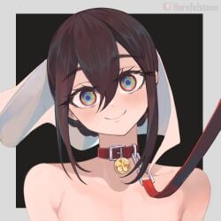 1girls artist_name black_background bondage border braid brown_hair closed_mouth collar female female_focus female_only grey_border hair_between_eyes head_tilt hornfelstone kimi_no_koto_ga_dai_dai_dai_dai_daisuki_na_100-nin_no_kanojo leash meido_mei multicolored_eyes patreon_logo patreon_username rainbow_eyes red_collar sex_slave slave smile topless unusual_eyes unusual_pupils unusually_open_eyes upper_body viewer_holding_leash weird_eyes